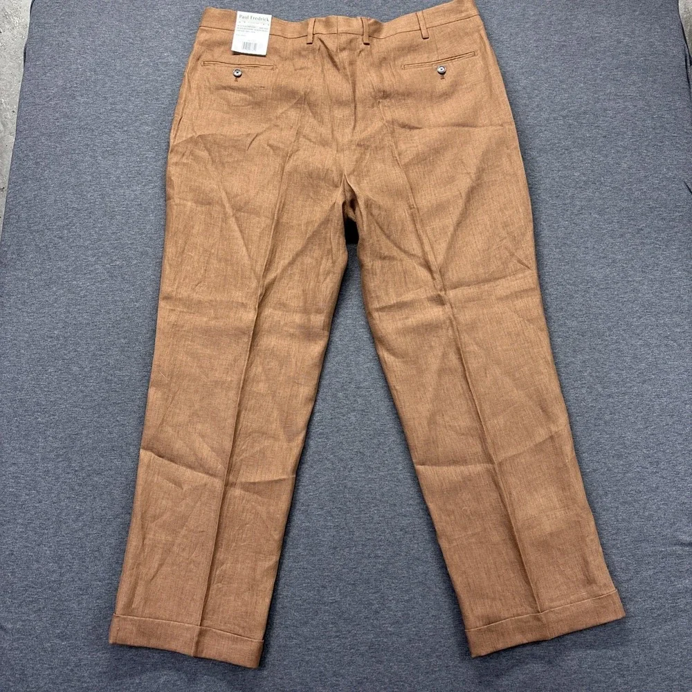 Paul Frederick 100% Linen Dress Pants Mens 42x31 Brown Pleated Cuffed Resort NWT